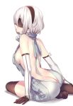 1girl aki663 aran_sweater artist_name ass ass_crack back backless_outfit bangs bare_back bare_shoulders big_breasts black_gloves black_legwear blindfold breasts butt_crack dress elbow_gloves gloves hair_between_eyes hairband halterneck mole mole_under_mouth naked_sweater nier:_automata nier_(series) open-back_dress parted_lips profile ribbed_sweater short_hair sideboob signature simple_background sitting soles stockings sweater sweater_dress turtleneck turtleneck_sweater virgin_killer_sweater white_background white_gloves white_hair yokozuwari yorha_no._2_type_b