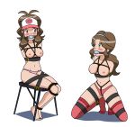  2_girls 2girls blush chair hilda looking_at_another looking_at_each_other mother_(pokemon) multiple_girls on_knees panties pink_panties pokemon pokemon_(game) pokemon_bw pomegrenade113 porkyman red_panties red_stockings simple_background stockings tears tied_up topless touko_(pokemon) white_background 