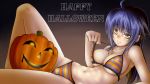  big_breasts character_request cleavage halloween jack-o&#039;-lantern midriff osafune_kairi purple_hair striped_bikini yellow_eyes 