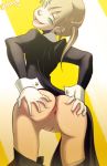  1girl anus ass ass_grab female fixxxer large_ass looking_at_viewer looking_back maka_albarn no_panties open_mouth pussy round_ass solo soul_eater tease teeth thigh_gap 