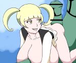  ass bar_censor blonde blonde_hair bosomancer bottomless breasts_out breasts_out_of_clothes furisode_girl hanging_breasts huge_breasts looking_back npc_trainer penis pigtails pokemon pokemon_(game) pokemon_oras porkyman rayquaza smile twintails 