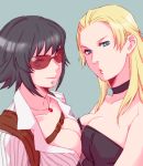 2girls armpit_holster art bangs bare_shoulders belt big_breasts black_choker black_hair black_tubetop blazer blonde_hair blue_eyes breast_press breasts capcom choker cleavage collarbone collared_shirt corset devil_may_cry devil_may_cry_4 heterochromia holster jacket jewelry kbsk_(artist) knhl_(artist) lady_(devil_may_cry) long_hair looking_at_viewer multiple_girls necklace open_clothes open_shirt pendant shirt short_hair smile strapless striped striped_shirt sunglasses symmetrical_docking trish_(devil_may_cry) tubetop upper_body