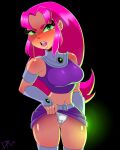 1girl 2019 angry blush blushing bracer cameltoe cartoon_network dalley_le_alpha dc_comics female_only green_eyes koriand&#039;r looking_at_viewer navel panties pink_hair skirt_lift solo_female starfire teen_titans teen_titans_go thick_thighs