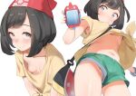  accidental_exposure female_only looking_at_viewer multiple_views no_bra partially_visible_vulva pokemon pokemon_character pokemon_masters_ex presenting_breasts selene_(pokemon) short_shorts small_breasts upskirt 