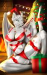  1girl 1girl anthro big_breasts breasts cameltoe canine christmas clothing dragon eastern_dragon furry harnny hat holidays horn hybrid looking_at_viewer mammal panties santa_hat sitting smile spread_legs spreading underwear wings 