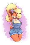  1girl 2017 anthro areola armpits bandicoot big_breasts blonde_hair breasts closed_eyes clothed clothing coco_bandicoot crash_bandicoot_(series) digital_media_(artwork) flower fur furry hair mammal marsupial no_shirt overalls plant secretly_saucy simple_background smile stretching video_games 