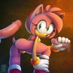  1girl amy_rose anthro ass breasts clothing disembodied_penis erection eyelashes female furry gloves green_eyes hairband hand_on_leg hand_on_penis handjob hedgehog looking_at_viewer male male/female mammal nipples penis pussy sega sex sodajoik testicles 