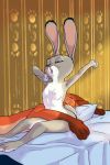  1girl 2017 3_toes 4_fingers akiric anthro arched_back armpits barefoot bed breasts brown_fur canine claws closed_eyes clothed clothing colored cuddling dipstick_ears disney duo fox fur furry gloves_(marking) grey_fur judy_hopps lagomorph larger_male long_ears lying male male/female mammal markings nick_wilde nipples nude on_bed on_side open_mouth orange_fur pillow predator/prey rabbit raised_arm sitting size_difference sleeping small_breasts smaller_female solo_focus stretching toes white_fur yawn zootopia 