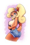  1girl 1girl 2017 anthro areola ass bandicoot big_breasts blonde_hair blush breasts clothed clothing coco_bandicoot crash_bandicoot_(series) digital_media_(artwork) flower fur furry hair looking_at_viewer mammal marsupial overalls plant secretly_saucy simple_background smile video_games 