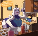 1_human 1girl 2010s 2017 4_fingers ambiguous_gender anthro anthro_focus ass big_ass big_breasts blue_eyes breasts caprine clothing cookie cookies covered_eyes eyebrows eyelashes female female_anthro female_focus food frisk frisk_(undertale) furry goat huge_ass huge_breasts human indoors kitchen maiz-ken mammal milf parent solo_focus standing temmie temmie_(undertale) thick_thighs toriel trio undertale undertale_(series) video_games wide_hips