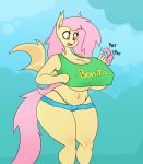  1girl 1girl anthro anthrofied bat_pony big_breasts breasts clothing equine fangs fluttershy_(mlp) friendship_is_magic fur furry hair mammal membranous_wings my_little_pony open_mouth pink_hair shirt shorts somescrub wide_hips wings yellow_fur 