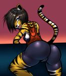  1girl 1girl anthro armpits ass bent_over big_ass black_hair blue_eyes bra cameltoe clothed clothing fangs feline furry hair inner_ear_fluff looking_at_viewer looking_back mammal mirapony open_mouth stripes tiger tight_clothing underwear 