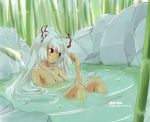  1girl 2007 artist_name bamboo bamboo_forest bathing blush bow breasts dated female forest fujiwara_no_mokou hair_bow long_hair nature nude red_eyes silver_hair solo sora_(pooshlmer) touhou water watermark 