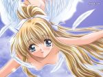 1girl air_(anime) angel angel_wings blonde_hair blue_eyes breasts collarbone feathers female_only flying from_below green_eyes kamio_misuzu long_hair looking_at_viewer misuzu_kamio nipples nude outstretched_arms ponytail solo solo_female very_long_hair watsuki_ayamo wings