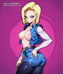 1girl ai_generated android_18 blonde_female blonde_hair blue_eyes dragon_ball dragon_ball_super dragon_ball_z female_only jacket karmino medium_breasts solo_female