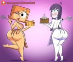 1girl 2_girls apron ass breasts codykins123 debbie_turnbull embarrassed lila_(spooky_month) milf nude robotboy spooky_month tagme
