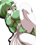  1girl blush breasts covering covering_crotch covering_pussy gardevoir large_breasts lying pokemon solo 