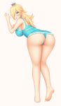  1girl ass bare_arms barefoot bent_over blue_eyes blue_panties crown earrings female female_human female_only hair_over_one_eye long_hair looking_at_viewer panties partially_clothed princess_rosalina rosalina royalty solo standing star_earrings super_mario_bros. white_background 