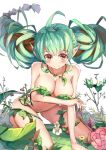  1girl ahoge aqua_hair breasts brown_eyes flower humanized jewelry kneeling leafeon leaning_forward long_hair midriff navel necklace nude outdoors plant pointy_ears pokemon sakaraubito solo twintails 
