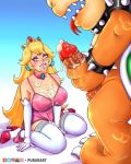  1boy 1girl big_breasts blonde blonde_hair blue_eyes blush bowser choker clothed_female_nude_male crown cum cum_on_breasts cum_on_clothes cum_on_face cum_on_tongue earrings erection female female_human gloves high_heels human long_blonde_hair long_gloves long_hair male male/female masturbation open_mouth panties panties_around_ankle panties_around_leg panties_down penis princess_peach red_high_heels royalty stockings super_mario_bros. tongue_out 