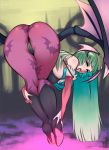  1girl 1girl ass bent_over breasts cameltoe cleavage darkstalkers dat_ass female_only high_heel_boots live_for_the_funk looking_at_viewer morrigan_aensland open_mouth panties tongue tongue_out 