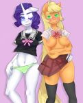  1girl 2016 anthro applejack areola assisted_exposure blonde_hair blush bottomless bow_tie breasts cameltoe clitoris clothed clothing duo earth_pony edit equine exposed_breasts eyelashes friendship_is_magic fur furry green_eyes hair high_res horn horse legwear long_hair looking_at_viewer mammal my_little_pony nipples no_underwear one_eye_closed open_mouth open_shirt orange_fur panties panty_pull pettankochan pony portrait purple_background purple_hair pussy rarity simple_background skirt stockings underwear unicorn upskirt white_fur wink 