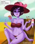 alcasar-reich alcasar-reich_(artist) artist_name beach big_breasts bikini breasts cleavage coconut deviantart_username english_text fan food fruit hand_fan hat ice_cream monster monster_girl muffet multiple_arms multiple_eyes spider spider_girl spiders swimsuit text undertale undertale_(series)