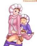 big_breasts big_penis big_testicles breasts cleavage female ice_climber looking_back male nana_(ice_climber) penis popo_(ice_climber) pussy pussy_juice reit reverse_cowgirl_position smile super_smash_bros. testicles