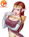  alluring big_breasts blue_eyes breasts brown_hair cleavage female female_only looking_at_viewer open_mouth pointy_ears princess_zelda reit solo the_legend_of_zelda tongue tongue_out twilight_princess 