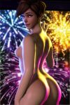  1girl 2016 3d ass breasts brown_eyes brown_hair eyebrows eyelashes female_only fireworks human large_ass leisurelysfm lena_oxton light_skin lips looking_at_viewer looking_back nose nude open_mouth overwatch round_ass shiny shiny_skin short_hair sideboob single_breast small_breasts source_filmmaker standing tracer_(overwatch) 