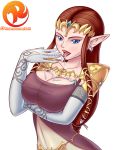  big_breasts blue_eyes breasts brown_hair cleavage cum cum_on_breasts cum_on_tongue female female_only looking_at_viewer open_mouth pointy_ears princess_zelda reit solo the_legend_of_zelda tongue tongue_out twilight_princess 