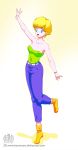  1girl :d babe bare_shoulders blonde_hair blue_eyes breasts dragon_ball dragon_ball_z erasa full_body happy katomanx looking_at_viewer neck open_mouth pants short_hair smile strapless tubetop 