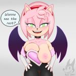  1:1 1girl 1girl absurd_res amy_rose anthro breasts bubjones cosplay dialogue eulipotyphlan exposed_breasts furry hedgehog high_res mammal nipple_slip simple_background sonic_the_hedgehog_(series) teasing 