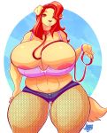  1girl 2017 anthro areola areola_slip big_breasts breasts canine cleavage clothed clothing collar dog furry ginger_(jaeh) holding_leash holding_object huge_breasts jaeh labrador leash mammal navel thick_thighs wide_hips 