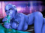  1boy 1girl asari big_breasts blue_skin breasts cum cum_in_mouth fellatio female interspecies large_penis liara_t&#039;soni male mass_effect nude oral penis 
