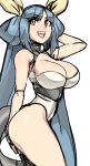  1girl alternate_costume arm_behind_head bangs blue_hair breasts cleavage deviantart dizzy eyebrows_visible_through_hair guilty_gear hair_rings half_updo hand_behind_head hand_in_air highres large_breasts legs leotard long_hair maniacpaint no_wings red_eyes solo tail thighs twintails very_long_hair 