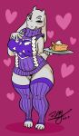  1girl 1girl 2017 anthro big_breasts breasts clothing cskairi food furry horn looking_at_viewer mammal one_eye_closed red_eyes smile thick_thighs toriel undertale video_games virgin_killer_sweater wide_hips wink 