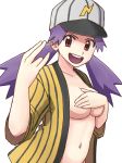  baseball_cap casey_(pokemon) covering_breasts hand_bra looking_at_viewer nanako_(pokemon) no_bra pokemon pokemon_(anime) porkyman purple_hair red_eyes 