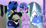 1920x1200 2017 2_girls anthro anthrofied armor ass big_breasts blue_hair bra breast_size_difference breasts cleavage clothed clothing collar cosmic_hair cutie_mark dressing duo equine female female_only friendship_is_magic furry hair half-closed_eyes helmet highres horn huge_breasts large_ass long_hair mammal multiple_girls my_little_pony nightmare_moon panties purple_eyes sammy-upvotes source_request sweat translucent_hair twilight_sparkle_(mlp) underwear unicorn wallpaper wide_hips