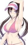  1girl arm_up armpits bikini blue_eyes blush breasts breath brown_hair cleavage double_bun erect_nipples front-tie_bikini hair_bun half-closed_eyes hand_behind_head heavy_breathing large_breasts long_hair looking_to_the_side md5_mismatch mei_(pokemon) navel nose_blush open_mouth pink_bikini pink_lips pokemon pokemon_(game) pokemon_bw2 rosa sideboob signature simple_background solo stomach sweat swimsuit torieto twintails visor_cap white_background 