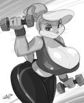  1girl anthro big_breasts breasts cleavage clothed clothing dumbbell erect_nipples furry greyscale huge_breasts lagomorph leggings mammal mature_female milf mom mommy monochrome nipple_bulge nipples parent patricia_bunny rabbit sexy shonuff smile sweat weights workout 