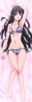 1girl 1girl absurd_res alluring arm_up armpits bare_shoulders barefoot bed_sheet bikini black_hair blue_eyes breasts cleavage collarbone dakimakura_(medium) feet from_above front-tie_bikini front-tie_top full_body groin high_res jewelry layered_bikini long_hair looking_at_viewer lying necklace official_art on_back open_mouth shiny shiny_skin side-tie_bikini sideboob small_breasts smile swimsuit very_long_hair yahari_ore_no_seishun_lovecome_wa_machigatteiru. yukinoshita_yukino 