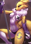 1girl 2017 anthro ballistic-cottontail black_sclera blue_eyes breasts bridal_gauntlets brown_background canine clothed clothing dancing digimon english_text fox fur furry mammal navel partially_clothed pole pole_dancing raised_leg renamon signature simple_background stripper stripper_pole stripping tape text thong tuft white_fur yellow_fur