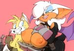  1girl 2017 anthro areola bat big_breasts bigdad breasts canine duo erect_nipples exposed_breasts fox furry hand_on_breast huge_breasts male mammal miles_&quot;tails&quot;_prower nipples presenting presenting_breasts rouge_the_bat sega smile 