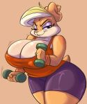  1girl 2017 anthro big_breasts breast_jiggle breasts cleavage clothed clothing dumbbell exercise furry huge_breasts jiggle joelasko lagomorph mammal mature_female one_eye_closed patricia_bunny rabbit smile sweat thick_thighs weightlifting wide_hips workout 