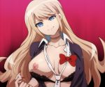  10s 1girl beckoning black_bra blonde_hair blue_eyes bow bra breasts buebue come_hither danganronpa danganronpa_1 enoshima_junko fingernails hair_down hairu head_tilt inviting junko_enoshima lace lace-trimmed_bra large_breasts long_hair looking_at_viewer loose_necktie nail_polish necktie nipples sleeves_rolled_up smile solo spoilers underwear upper_body 