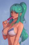  1girl alluring big_breasts bikini bikini_top_only castcuraga chest_jewel cleavage food food_in_mouth green_eyes green_hair justin_paul licking looking_at_viewer nail_polish nintendo pneuma_(xenoblade) ponytail popsicle popsicle_in_mouth shiny_skin swimsuit tongue tongue_out upper_body xenoblade_(series) xenoblade_chronicles_2 