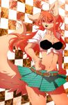  1girl 1girl abstract_background anthro bow breasts canine clothed clothing fur furry hair kemono long_hair looking_at_viewer mammal orange_hair pipisan red_eyes ribbons simple_background sitting skimpy skirt smile 