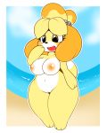  1girl 1girl 2017 absurd_res animal_crossing anthro areola beach blush border breasts canine dog eyelashes furry high_res isabelle_(animal_crossing) kloudmutt mammal navel nintendo nipples nude open_mouth pussy seaside shih_tzu video_games white_border 