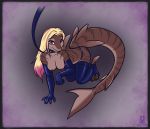  1girl 1girl 2017 all_fours anthro areola armwear ass blonde_hair breasts brown_nipples brown_skin claws clothed clothing collar english_text fin fish furgonomics furry hair kalie klenerschluchti leash legwear lichfang long_hair looking_at_viewer marine nipple_piercing nipples piercing pink_eyes pink_hair shark smile text toe_claws topless underwear 